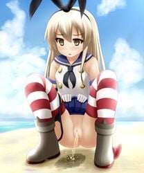 beach blonde_hair blush cloud female kantai_collection kazumi_(syoki4230) long_hair ocean outdoors peeing pussy school_uniform serafuku shimakaze_(kantai_collection) sky solo squatting tagme uncensored water yellow_eyes young