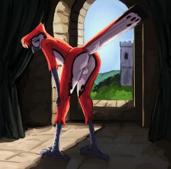 anthro avian avian_feet backsack balls beak bent_over bird butt digital_media_(artwork) feathers genitals hi_res looking_at_viewer male nude smile solo standing tail tail_feathers tazal