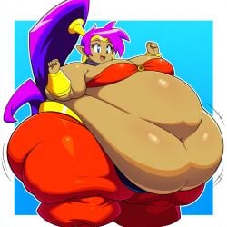 ai_generated belly_dancer belly_dancer_outfit belly_overhang big_belly big_breasts blue_eyes choker fat fat_folds female female_only flabby_arms flabby_legs genie_girl gold_earrings gold_gauntlets gold_tiara half_genie half_human hybrid_species jiggle jiggling motion_lines o_ring_top obese obese_female obese_humanoid overweight overweight_female overweight_humanoid pointy_ears ponytail_(hair) purple_hair red_harem_pants red_top shantae shantae_(character) ssbbw tanned_skin thick_ass wide_hips wobble wobbling