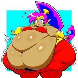 ai_generated belly_dancer belly_dancer_outfit belly_overhang big_belly big_breasts blue_eyes choker fat fat_folds female female_only flabby_arms flabby_legs genie_girl gold_earrings gold_gauntlets gold_tiara half_genie half_human hybrid_species jiggle jiggling motion_lines o_ring_top obese obese_female obese_humanoid overweight overweight_female overweight_humanoid pointy_ears ponytail_(hair) purple_hair red_harem_pants red_top shantae shantae_(character) ssbbw tanned_skin thick_ass wide_hips wobble wobbling