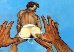 2boys anos_nemos_(david_martin) anus ass brown_hair bulge gay jockstrap light_blue_background light_skin male male_only muscular original pov simple_background tan_skin tanline textless traditional_media white_jockstrap yaoi