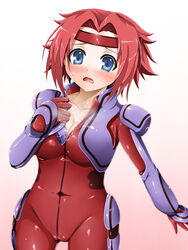 1girls big_breasts blue_eyes blush bodysuit breasts cleavage clothed clothed_female code_geass cum cum_on_body cum_on_breasts cum_on_chest cum_on_upper_body female female_only headband highres kallen_stadtfeld large_breasts long_hair non-nude obu_kyr'ya_gn red_hair solo sweatdrop