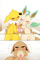 2026 absurd_res animal_genitalia animal_penis anus bed black_nose blush blush_lines bodily_fluids brown_body brown_ears brown_fur brown_tail canine_genitalia canine_penis censor_bar censored censored_anus censored_genitalia censored_penis censored_vulva condom condom_in_mouth eevee eeveelution female feral fur furniture generation_1_pokemon generation_4_pokemon genital_fluids genitals green_body green_ears green_fur green_tail group hi_res jolteon knot knotted_penis leafeon lying male moudefo mouth_hold nintendo object_in_mouth on_back on_bed paws penis pillow pokemon pokemon_(species) precum sexual_barrier_device tail tan_body tan_fur teary_eyes trio vaginal_fluids vulva white_body white_fur yellow_body yellow_ears yellow_fur