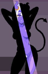 arms_behind_head colored_skin commentary english_commentary eri_(fluxfruit) fluxfruit highres horns nude original pixel_art posing pubic_hair purple_skin shadow_censor tail tiefling