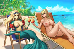 2girls alcohol alcoholic_beverage alcoholic_drink arm_fins beauty_mark black_sclera blonde blonde_hair blue_eyes cheers cleavage commission crack_pairing crossover crossover_pairing crossover_ship crossover_shipping drink eastern_and_western_character female female_only floaties goggles goggles_on_forehead goggles_on_head head_fin head_fins hip_fins hybridmink inflatable_armbands league_of_legends long_hair marai merfolk mermaid metroid monster_girl naked nami_(league_of_legends) nude ponytail red_eyes samus_aran split_form swimsuit water_wings yuri