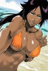 1girl abs beach bikini bikini_top black_hair bleach breasts cleavage cloud cloudy_sky dark-skinned_female dark_skin day dutch_angle female female_only large_breasts long_hair looking_at_viewer naughty_face navel ocean orange_bikini outdoors ponytail purple_hair shihouin_yoruichi sky smile solo swimsuit water yellow_eyes