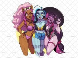 monster_high monster_high_g3 draculaura draculaura_g3 clawdeen_wolf clawdeen_wolf_g3 frankie_stein frankie_stein_g3 monster_girl 2girls 1nonbinary nonbinary nonbinary_(lore) voluptuous voluptuous_female voluptuous_body curvy curvy_figure curvy_female swimsuit swimwear bikini bikini_top bikini_bottom swimming_trunks huge_breasts cleavage massive_breasts huge_knockers vampire_girl werewolf_girl werewolf vampire simulacrum asian_female afrolatina black_female pink_skin blue_skin stitches piercing looking_at_viewer breasts_squeezed_together breasts_pressed_together thong thong_bikini thigh_strap multicolored_hair multiple_girls fangs heterochromia sunglasses sun_hat sunglasses_on_head winking booty_shorts artist: tecoloteton