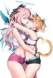 2girls ambriel_(arknights) arknights ass female female_only french_kiss halo hand_in_panties heart_shaped_tail khrnnfz mousse_(arknights) sports_bra tail thighs wings yuri