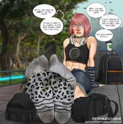 feet soles feet_together toes feet_visible_through_clothing dirty_socks sweaty sweaty_socks sweaty_feet shoes_removed unworn_shoes panties shorts jean_shorts crop_top dialogue kat_(empiricalsmut) empiricalsmut choker female female_only solo solo_female