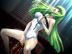 breast_grab breasts c.c. censored code_geass female fingering green_hair large_breasts masturbation navel orgasm peeing pussy pussy_juice saliva sitting stool team-tanabe tongue wet_pussy