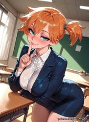 1girl 2026 ai_generated anime aqua_eyes arm_under_breasts bangs blue_skirt blush boobs breasts buttons chair chalkboard classroom cleavage collared_shirt cowboy_shot crossover curtains desk dress_shirt eye_contact eyelashes female female_focus female_only finger_to_mouth fingernails flushed formal hair_between_eyes hand_up highres huge_breasts index_finger_raised indoors inside jacket large_breasts leaning_forward lips long_sleeves looking_at_viewer miniskirt misty_(pokemon) nsfw orange_hair patreon patreon_logo patreon_username pencil_skirt pink_lips pokemon rognezart school_desk seductive_smile shiny shirt short_hair shushing side_ponytail skirt smile smiling solo suit thick_thighs thighs white_shirt window