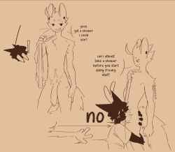 2025 anthro balls big_penis blush blush_lines bodily_fluids chest_tuft clothed clothed_male clothing dialogue digital_drawing_(artwork) digital_media_(artwork) domestic_cat duo ear_piercing exclamation_point felid feline felis flaccid foreskin genitals hand_on_butt hi_res holding_object humanoid_genitalia humanoid_penis looking_at_another male male/male mammal navel nerunaur noir_(noirzvault) nude nude_male onomatopoeia open_mouth penis piercing pubes shirt simple_background slim slim_male smile snaggle_tooth sniffing sound_effects standing sweat text topwear towel towel_on_shoulder tuft unretracted_foreskin vanille_(noirzvault)