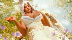 1girl 3d 3d_(artwork) 3d_render big_breasts blender breast_grab breasts_out bunny_business_domina bunny_ears bunnysuit carrot dark-skinned_female dark_skin domina exposed_breasts flowers korra_amari mechanical_arm nipple_peek nipples overwatch overwatch_2 spring white_dress