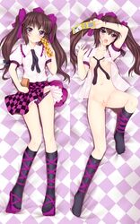 2girls blush bottomless breasts brown_hair cellphone checkered checkered_skirt dakimakura dragon_(dakemakura) dress_shirt female female_only geta hat hatate_himekaidou legs multiple_girls necktie open_clothes open_shirt panties phone pink_eyes pussy sample shameimaru_aya shirt short_hair skirt tengu-geta tied_hair tokin_hat touhou twintails uncensored underwear