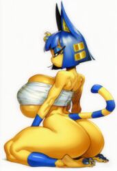 ai_generated alternate_breast_size animal_crossing animal_ear_fluff animal_ears ankha ankha_(animal_crossing) ass black_eyes blue_eyeshadow blue_hair bobcut breasts bursting_breasts cat_ears cat_tail curled_tail ear_fluff edited edited_by_uploader egyptian_headdress female from_behind gold_hair_ornament hair_clips haughty_face huge_ass huge_breasts kemono kneeling kneeling_female looking_at_viewer muscular_back neko omboope paws sarashi self_upload sfw short-haired_female short_hair shortstack side_eye tail thick_thighs toned_back yellow_fur yellow_skin