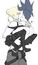 2boys androgynous clothed clothing femboy galo_thymos gay kissing leg_lock lio_fotia monochrome promare questionable size_difference suggestive twink yaoi 1femboy blonde_hair partially_colored