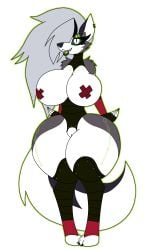 loona_(helluva_boss) holidaygirl helluva_boss hellaverse big_breasts big_thighs cyborg corruption bad_end demon green_eyes looking_at_viewer pasties hellhound large_breasts large_thighs bimbo bimbo_lips piercing cybernetics