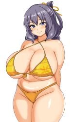 1girls arms_behind_back rixia_mao eiyuu_densetsu the_legend_of_heroes purple_hair purple_eyes solo female plump thick_thighs plump_breasts chubby chubby_female breasts big_breasts huge_breasts eclypse smile bikini yellow_bikini front-tie_bikini