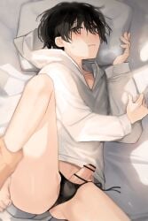2boys ass barefoot black_hair black_panties blush censored collarbone commentary_request crossdressing crossdressing_(mtf) erection foot_out_of_frame grey_eyes hair_between_eyes hair_over_eyes hand_on_own_arm head_on_pillow highres holding_another's_leg hood hood_down hoodie long_sleeves looking_to_the_side male_focus motion_lines multiple_boys on_bed original panties parted_lips partial_commentary penis pillow pointless_censoring precum scribble_censor short_hair solo_focus sunaba_(nczd5875) sweat thighs underwear white_hoodie yaoi