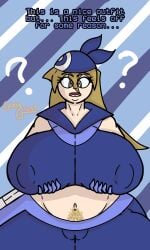 guavagrunt 2d simple_background 1girls female female_only female_focus clothed clothed_female cosplay yu-gi-oh! pokemon alexis_rhodes may_(pokemon)_(cosplay) blue_outfit bandana midriff gloves shorts big_breasts huge_breasts nipples_visible_through_clothing holding_breast hands_under_breasts thick_thighs thighs huge_ass blonde_hair brown_eyes long_hair pubic_hair pubes exposed_pubes pubes_exposed happy_trail question_mark unsure confused writing sfx text speech english_text dialogue cameltoe pussy pussy_visible_through_clothes