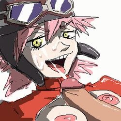 breasts cum dark_penis female flcl green_hair haruko_haruhara male nipples open_mouth oral paizuri penis pink_hair straight throat tongue tongue_out uncensored white_background