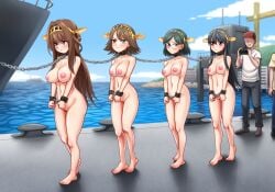 4girls angry angry_expression angry_face anonymous_character anonymous_male areolae background_character baseball_cap black_hair blue_eyes bondage bound_together breast_wrap breast_wrapping breasts brown_eyes brown_hair captured captured_female chained chained_collar chained_together chained_wrists chains coffle commission commission_art commissioner_upload crane_(machine) cuuki0 filming forced_march glasses green_eyes green_hair hair_ornament harbor haruna_(kantai_collection) hiei_(kantai_collection) high_heels humiliation kantai_collection kirishima_(kantai_collection) kongou_(kantai_collection) large_breasts large_nipples long_hair nipples nude nude_female ocean prisoner prisoner_of_war sad sad_expression sad_face sea seaside shackled shackled_wrists ship ship_girl shirt short_hair sisters sky slave_raid small_breasts smartphone tagme taking_picture tied tied_together