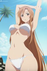 1girl :o ai_generated armpits arms_up beach bikini blue_sky blush breasts brown_eyes brown_hair cloud cowboy_shot day digitalwaifugallery female female_only groin hi_res high_quality high_resolution large_breasts long_hair looking_at_viewer navel ocean open_mouth outdoors palm_tree patreon seductive sexy sky solo standing stretching swimsuit sword_art_online tree uncensored underboob very_long_hair watermark white_bikini yuuki_asuna