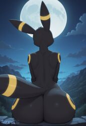ai_generated nintendo pokemon eeveelution generation_2_pokemon pokemon_(species) umbreon absurd_res furry hi_res watermark ambiguous_anthro ambiguous_gender anthro big_butt black_body black_fur butt butt_focus cloud full_moon fur long_ears looking_away moon mountain_range multicolored_body multicolored_fur nature nature_background night nude outdoor_nudity outside pokemorph rear_view sitting_on_rock solo tail two_tone_body two_tone_fur