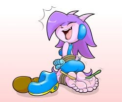 brushing freedom_planet galaxytrail laughing mrvalentim sash_lilac shoes shoes_off shoes_removed shoes_without_bottomwear smelly_feet tail_wagging tickle_torture tickling tickling_feet tied_up toothbrush