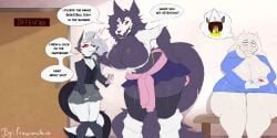 2026 absurd_res age_difference anthro big_breasts black_body blue_clothing bottomwear bovid breasts canid canid_demon canine caprine cleavage clothed clothing deltarune demon dialogue digital_media_(artwork) female female/female fragomatesh furry goat grey_hair hair hellaverse hellhound helluva_boss hi_res huge_breasts kris_(deltarune) large_breasts larger_female loona_(helluva_boss) mal0 mal0_(species) mammal mature_female miniskirt mythological_canine mythological_creature mythology older_female panties school school_uniform scp scp-1471 scp-1471-a scp_foundation sitting size_difference skirt skull smaller_female speech_bubble text thick_thighs toriel undertale undertale_(series) underwear uniform white_body white_fur younger_female