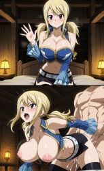 1boy 1girls ai_generated blonde-haired_female bouncing_breasts breasts_out_of_clothes doggy_style fairy_tail happy huge_breasts lucy_heartfilia moaning neckline on_bed open_mouth
