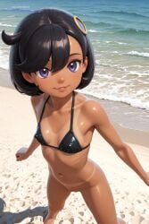 1girl ai_assisted ai_generated anime_coloring beach black_bikini black_hair cleft_of_venus cowboy_shot dark_skin detailed_vagina dynamic_angle dynamic_pose erect_nipples facing_viewer female_focus full_body glossy_lips happy legs_spread nude purple_eyes shading shadows shaved_vagina small_breasts solo solo_female spreading_legs thick_nipples tiny_breasts