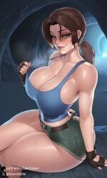 sleen ai_generated self_upload 1girls female solo solo_female female_only mature_female breasts big_breasts huge_breasts voluptuous voluptuous_female busty ass big_ass fat_ass thick_thighs curvy hourglass_figure cleavage clothing clothed clothed_female looking_at_viewer smile smiling eye_contact smiling_at_viewer tomb_raider lara_croft cave sweat pulling_clothing pulling_own_clothes sitting