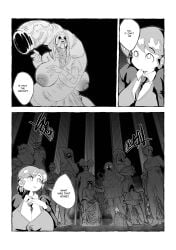 drav_jack high_guardian_spice sage_(high_guardian_spice) statue masked_female big_breasts big_nipples comic_page comic black_and_white