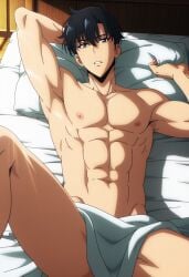 ai_generated ai_assisted ai ai_art ai-created sung_jin_woo solo_leveling gay male male_only male_focus solo_male laying_down laying_on_bed blanket convenient_censoring convenient_censorship arms_behind_head armpit