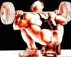 1boy anal anus ass big_ass dildo gay male male_only monochrome muscular original puffy_anus red_theme solo squatting tank_top victor_le_graphfist weights