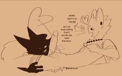 anthro bell blush blush_lines butt chest_tuft clothed clothing clothing_lift dialogue digital_drawing_(artwork) digital_media_(artwork) domestic_cat duo ear_piercing erection felid feline felis foreskin genitals hand_on_leg hand_on_thigh hi_res humanoid_genitalia humanoid_penis jewelry looking_at_another lying male male/male mammal musk necklace nerunaur noir_(noirzvault) on_back open_mouth partially_clothed penis penis_sniffing piercing retracted_foreskin shirt shirt_lift signature simple_background slim smile snaggle_tooth sniffing tail text topwear tuft underwear underwear_down vanille_(noirzvault)