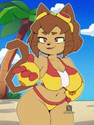 ass big_breasts bikini boots breasts brown_hair cat_ears cat_tail cleavage female female_only gameoverse genyacero glitch_productions gloves goggles huge_breasts kit_(gameoverse) kit_bodega large_breasts navel short_hair slim_waist sweat swimwear tagme tan_body thick_thighs voluptuous wide_hips