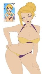 1girls big_breasts bikini blonde_hair bra female female_only flat_colors gameoverse glitch_productions gorgenzolla hi_res lips lipstick looking_at_viewer miss_information_(gameoverse) naughty_face parted_lips purple_eyes reference_image simple_background smile solo sultry_eyes teeth tied_hair white_background