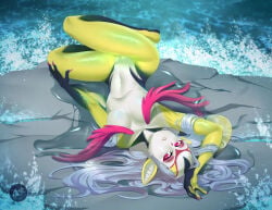 1girls arm_above_head background blue_hair blue_submarine_no._6 boobs breasts elf_ears female female_only fish_girl fish_humanoid hair_spread_out laying_down long_hair looking_at_viewer marine marine_humanoid mermaid_tail monster monster_girl mutio nipples_covered nude nude_female obakawaii pointy_ears red_eyes shiny_hair shiny_skin shiny_thighs thighs water wet_skin