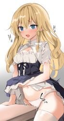 1girl alternate_eye_color blonde_hair blue_eyes blush braid breasts cleavage collarbone commentary_request crotch_rub cum eyelashes female female_masturbation female_only furrowed_brow gradient_background hair_ribbon highres kamukamu_(ars) kirisame_marisa long_hair masturbation midriff missing_headwear navel nose_blush open_mouth pussy_juice pussy_juice_drip_through_clothes ribbon short_sleeves simple_background single_braid small_breasts solo standing stomach sweatdrop table table_humping thighhighs thighs tongue touhou tress_ribbon underbust white_background white_ribbon white_thighhighs wooden_table