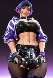 sillyboisclub reina_mishima tekken_8 tekken namco tomboy short_hair purple_hair two-tone_hair 2d 2d_(artwork) digital_drawing_(artwork) digital_media_(artwork) ai_generated light_skin light-skinned_female light-skinned_futa light-skinned_futanari 1futa futanari futa_only jacket cropped_jacket shorts hi_res highres high_resolution cleavage breasts big_breasts thick_thighs curvy curvy_figure curvaceous curvy_female curvy_body curvy_hips curvaceous_figure curvaceous_female curves abs athletic_female athletic smile smiling looking_at_viewer bulge bulge_through_clothing erection erect_penis erection_under_clothes erection_under_clothing balls half-erect holding_tentacle holding_balls topwear