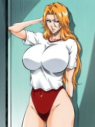 1girls ai_generated big_breasts bleach bleach:_the_thousand-year_blood_war curvy curvy_body curvy_female curvy_figure female female_only gym gym_uniform huge_breasts large_breasts leotard light-skinned_female light_skin looking_at_viewer matsumoto_rangiku mature_female orange_hair shao145 shiny_skin shorts solo solo_female t-shirt tite_kubo_style