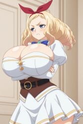 1girl breasts solo blonde_hair blue_eyes huge_breasts belt cleavage skirt crossed_arms puffy_sleeves long_sleeves blush frown hairband long_hair bow red_hairband white_skirt cowboy_shot cleavage_cutout juliet_sleeves ribbon closed_mouth indoors brooch shirt hair_ribbon bowtie clothing_cutout white_shirt drill_hair brown_belt arms_under_breasts blue_bow nageki_no_bourei_wa_intai_shitai let_this_grieving_soul_retire! unjobdespiert ai_generated 1female looking_at_viewer curvy huge_ass big_breasts big_ass 1girls 2026 artist_name watermark hi_res highres high_quality high_resolution patreon_username patreon