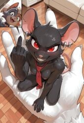 ai_generated epic_games fortnite camille_(fortnite) cate_meowdy_(fortnite) domestic_cat felid feline felis mammal mouse murid murine rodent absurd_res hi_res 5_fingers anthro black_body black_fur breasts collar duo dutch_angle ear_piercing ear_ring extreme_size_difference female female/female fingers first_person_view fur gesture grin grinning_at_viewer high-angle_view micro middle_finger multicolored_body multicolored_fur necktie nipple_outline nipples nude open_mouth open_smile panel_overlap piercing predator/prey red_eyes ring_piercing simple_eyes size_difference small_breasts smile tail white_body white_fur