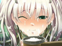 armor black_lilith blush close-up close_up cum cum_in_mouth cum_on_face cum_on_hair facial female gokkun green_eyes sen_otome_suvia silver_hair wince