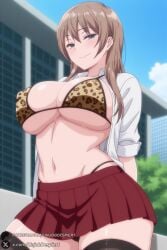 1girl breasts solo thighhighs skirt blue_eyes shirt navel open_shirt long_hair open_clothes large_breasts outdoors smile white_shirt brown_hair animal_print bikini red_skirt looking_at_viewer underwear swimsuit pleated_skirt leopard_print building sky black_thighhighs day highleg panties bangs underboob cleavage bra covered_nipples school_uniform collared_shirt closed_mouth blush blue_sky skindentation chiaki_(uchi_no_otouto_maji_de_dekain_dakedo_mi_ni_konai?) uchi_no_ot uchi_no_otouto_maji_de_dekain_dakedo_mi_ni_konai? unjobdespiert ai_generated 1female curvy huge_breasts huge_ass big_breasts big_ass 1girls 2026 artist_name watermark hi_res highres high_quality high_resolution patreon_username patreon