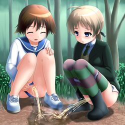 2girls blue_eyes blush braid brown_hair closed_eyes clothing female forest kazumi_(syoki4230) light_brown_hair long_hair lynette_bishop miyafuji_yoshika multiple_girls outdoors panties peeing pussy short_hair single_braid squatting stockings strike_witches tagme uncensored young