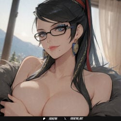1girl ai_generated bangs bare_shoulders bayonetta bayonetta_(character) black-framed_eyewear black_hair blue_eyes breasts cleavage closed_mouth collarbone covering covering_breasts curtains earrings eyeshadow frenzyai fur_trim glasses hair_ribbon indoors jewelry large_breasts lips long_hair looking_at_viewer makeup mole mole_under_mouth ribbon smile solo upper_body window