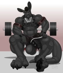 anthro balls big_balls black_body black_claws black_hair black_penis bodily_fluids claws clothing ear_piercing feet genital_fluids genital_piercing genitals gradient_background hair hi_res kangaroo looking_at_viewer macropod male mammal marsupial muscular penis penis_piercing piercing precum simple_background sitting solo underwear vexedlupine